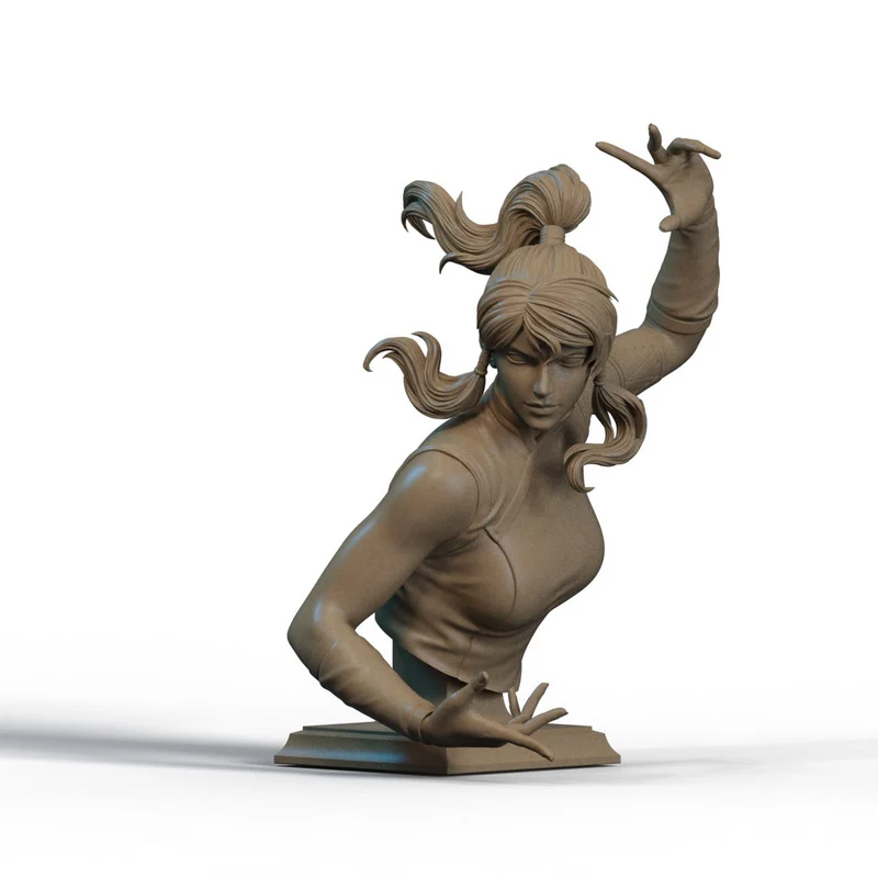 Korra bust 3D model with flowing hair, raised arm, dynamic pose, and display base