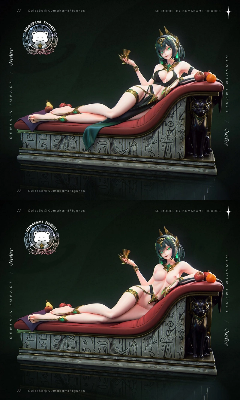 Nefer from Genshin Impact reclining on an ornate chaise lounge statue