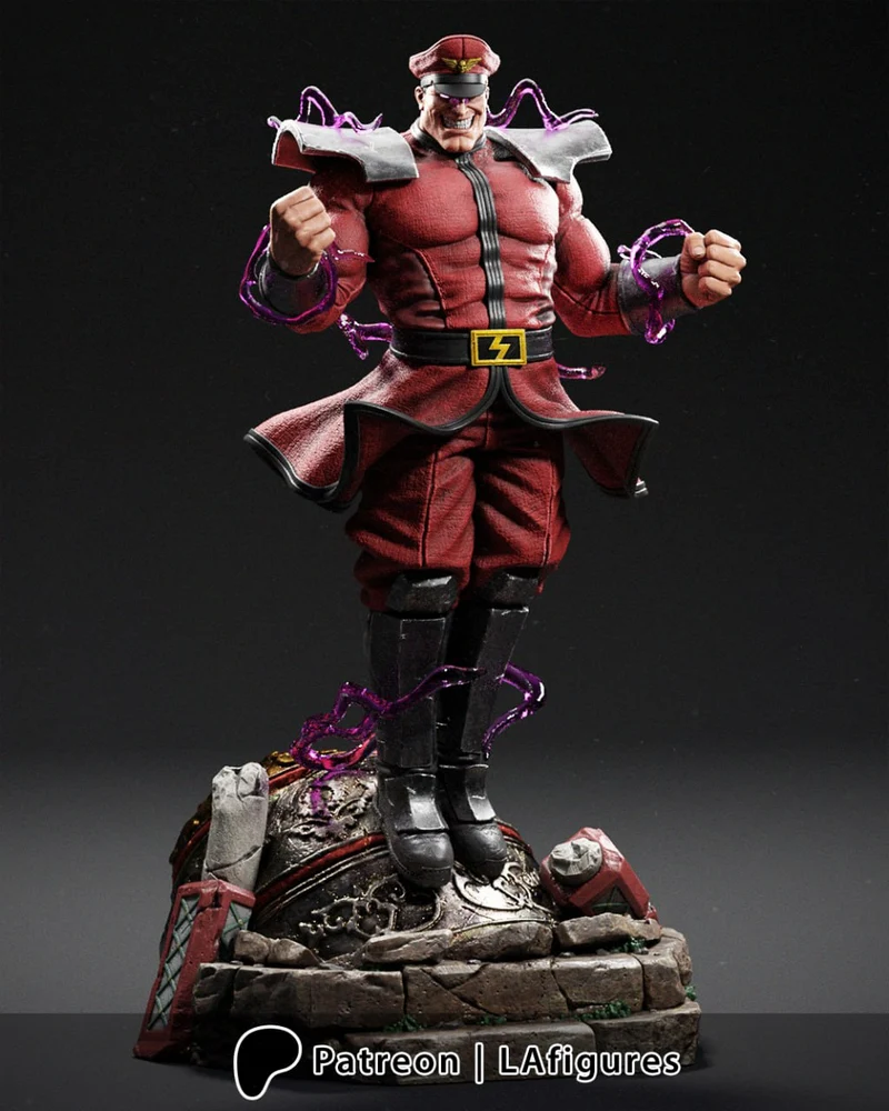M. Bison Street Fighter 3D figure in red uniform with purple energy effects on a rubble base