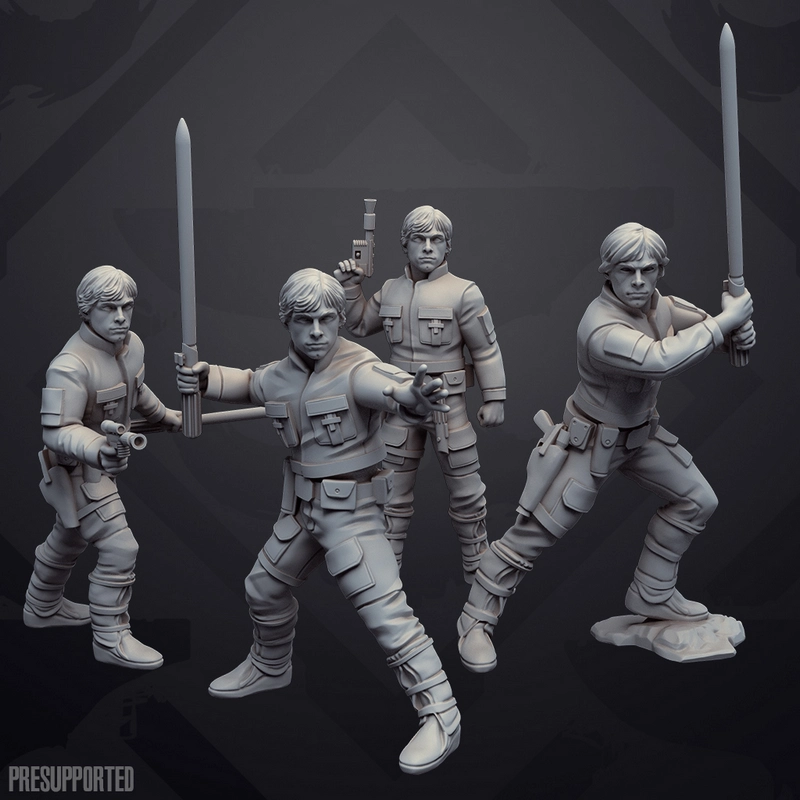 Four sculpted Luke Skywalker figures in action poses with lightsabers and a blaster