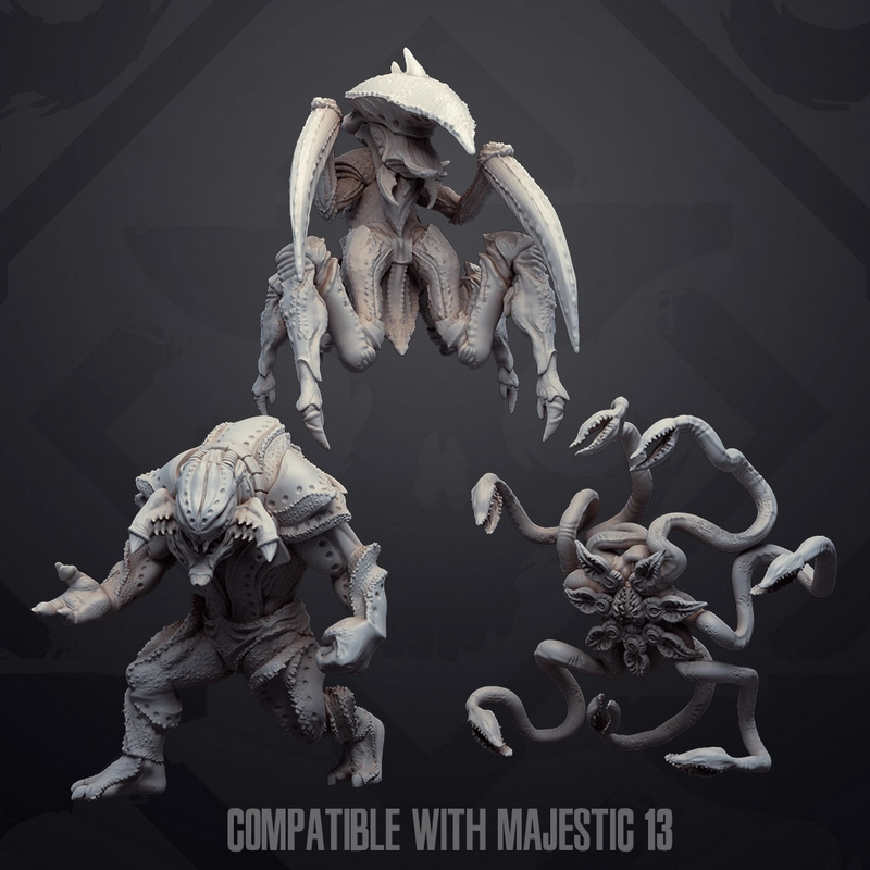 Three detailed sci-fi alien creature sculpts: winged insectoid, armored humanoid, and tentacled monster