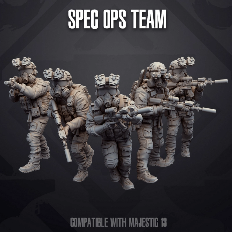 Five armored sci-fi spec ops miniatures with respirator masks and rifles