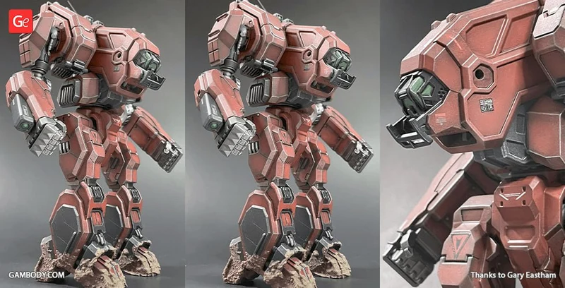 Red Archer BattleTech mech 3D model with shoulder launchers on a rocky base
