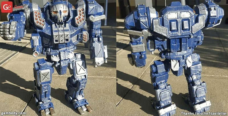 Blue and white Atlas BattleMech 3D model with skull-like face and missile pods