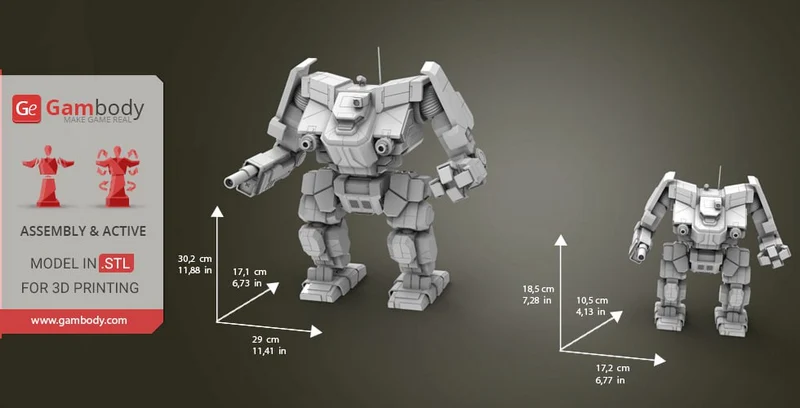 Awesome BattleTech armored mech STL model with cannon and broad humanoid frame
