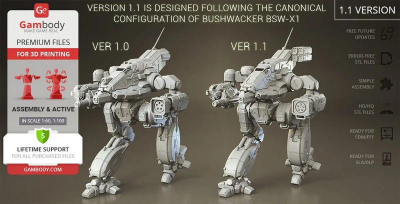 BattleTech Bushwacker BSW-X1 mech 3D model with cannons and missile pod