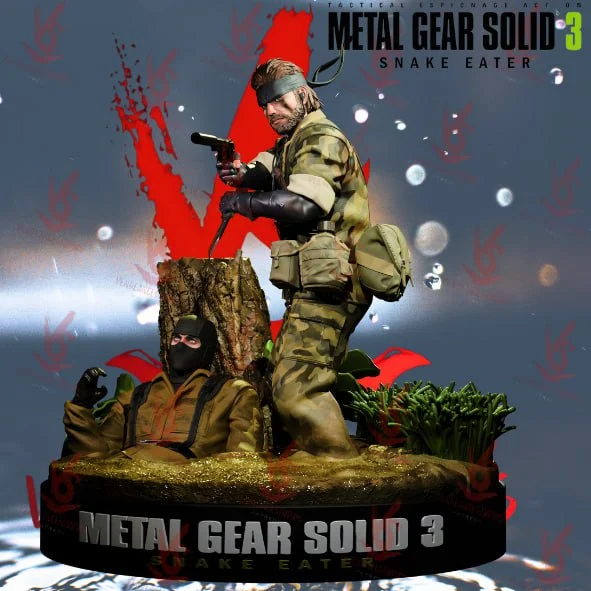 Naked Snake Metal Gear Solid 3 statue with pistol, camouflage, field pack, masked figure, and jungle-themed base