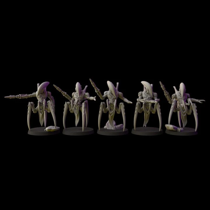 Five insectoid tabletop miniatures with curved limbs, weapons, and round display bases