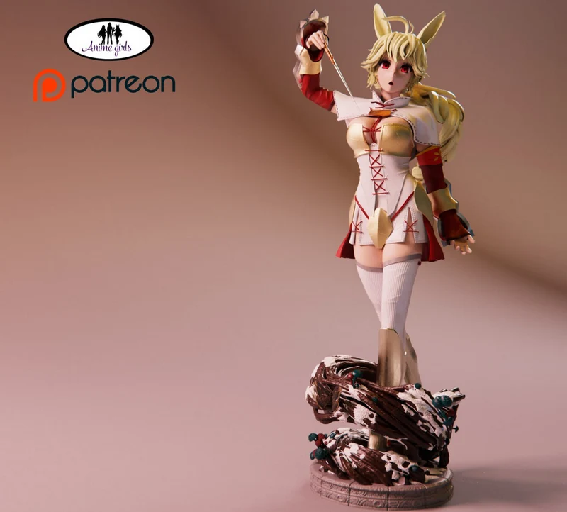 Nashetania anime figure with rabbit ears, red-laced costume, sword, and sculpted creature base