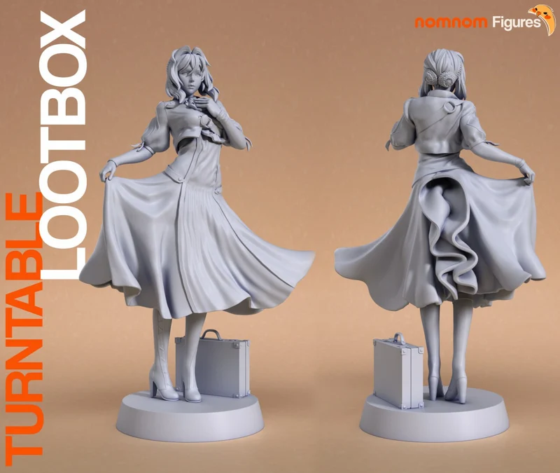 Violet Evergarden figure in a flowing dress with suitcase on a round base