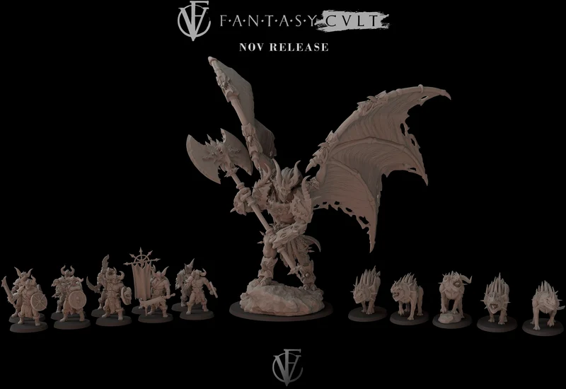 Fantasy Cults November 2022 winged armored creature with fantasy miniatures