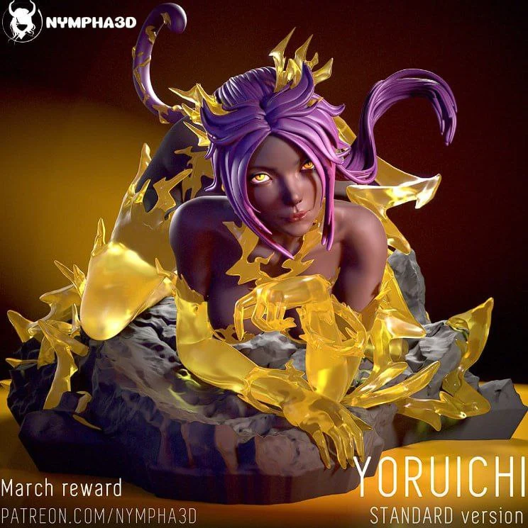 Yoruichi Shihōin Bleach statue with purple hair and golden energy effects