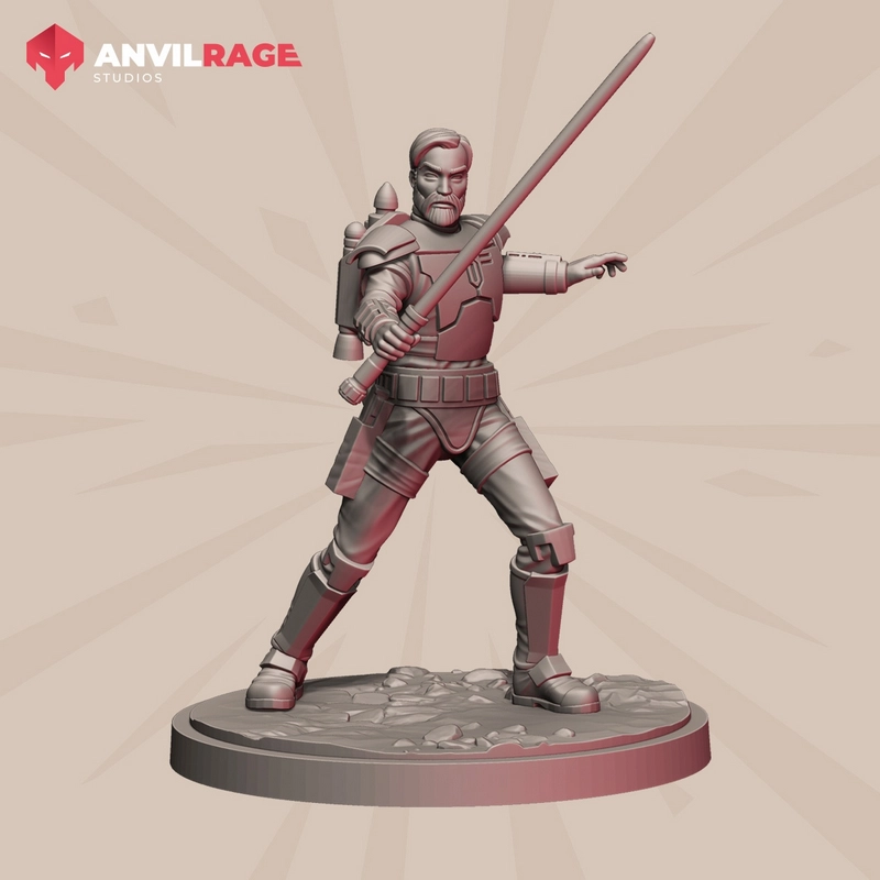 Obi-Wan Kenobi Star Wars 3D model with lightsaber on a rocky base