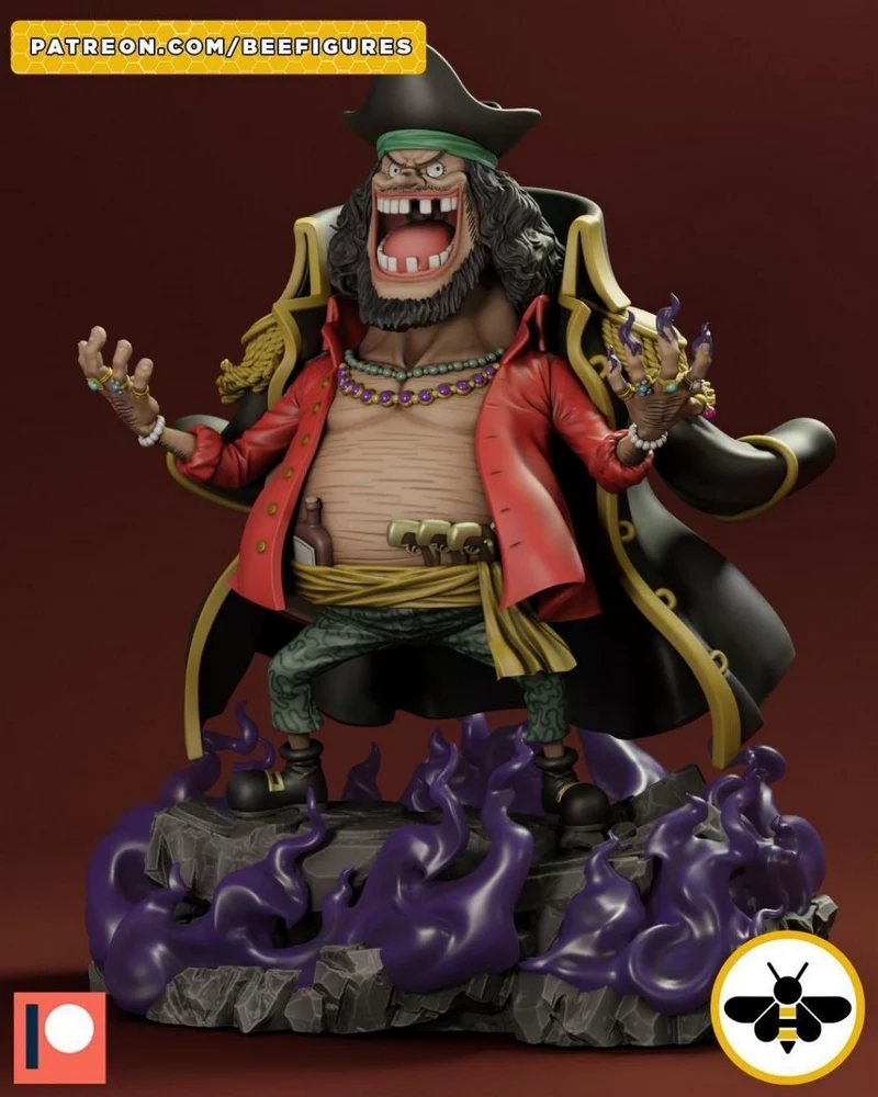 One Piece pirate captain statue with red coat, black hat, and purple flames