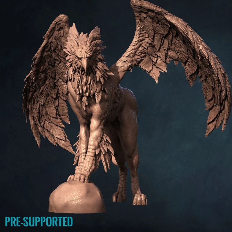 Detailed feathered hippogriff 3D model with outstretched wings on a rocky base