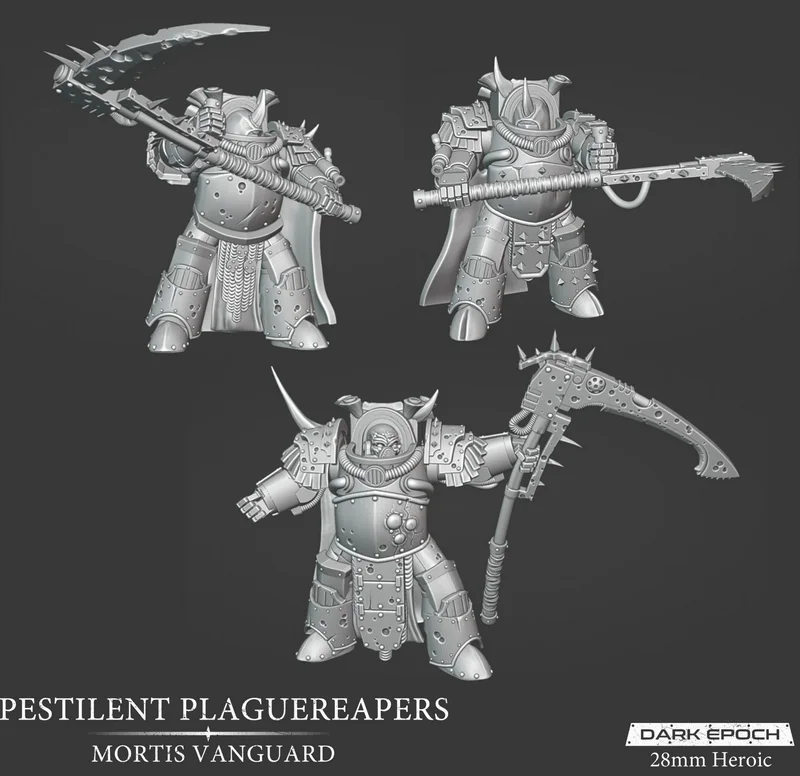 Three heavily armoured Pestilent Plaguereapers Mortis Vanguard miniatures with oversized weapons