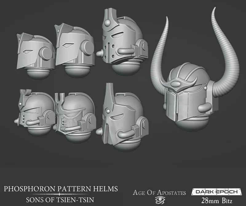 Collection of futuristic Phosphoron Pattern helmets, including a horned variant