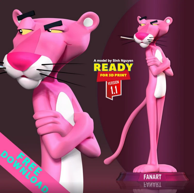 Pink Panther 3D character statue with crossed arms, long tail, and display base