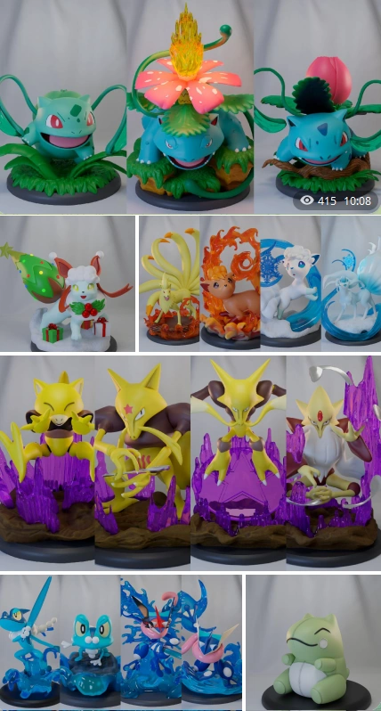 Colorful Pokémon character display figures with plant, crystal, flame, and water details