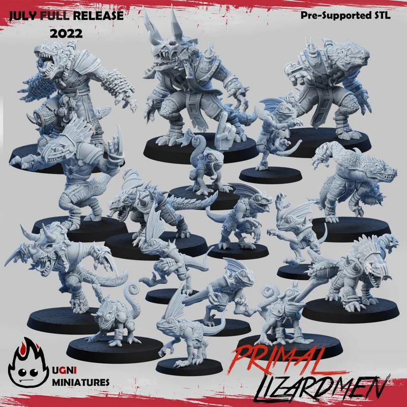 Primal Lizardmen Ugni fantasy lizardmen and smaller creatures on round bases