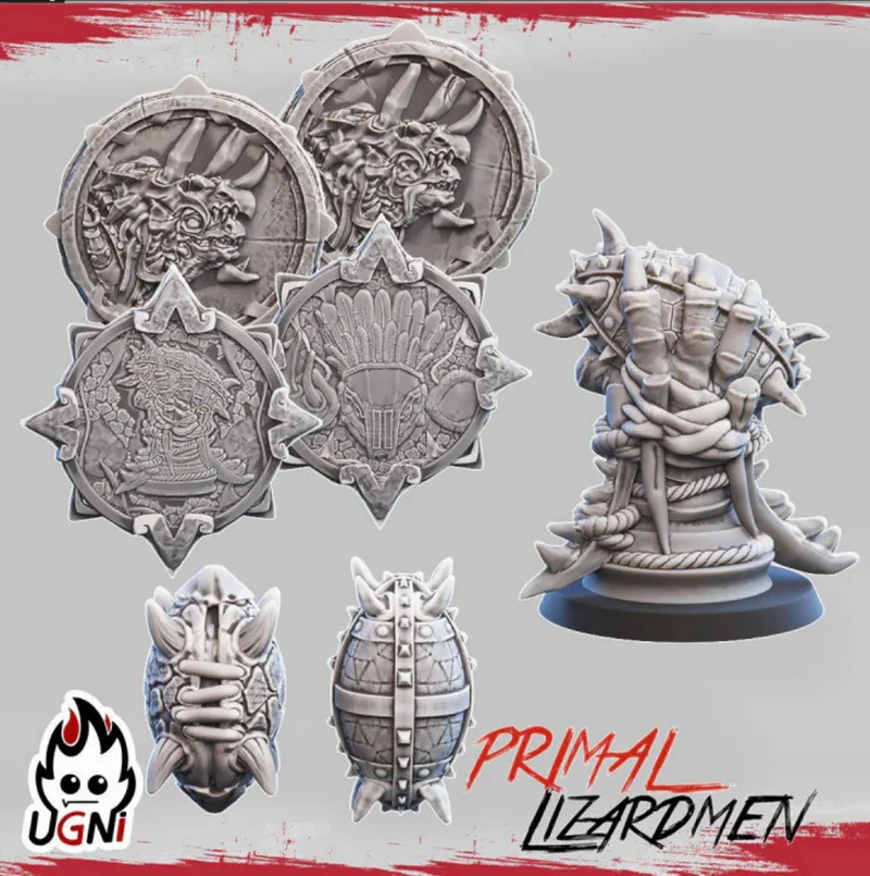 Fantasy lizardmen markers with carved shields, reptilian reliefs, and armored sculptural pieces