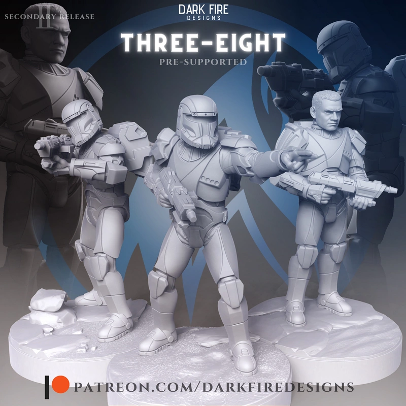 RC-1138 Boss in armored clone commando gear holding a blaster on a display base