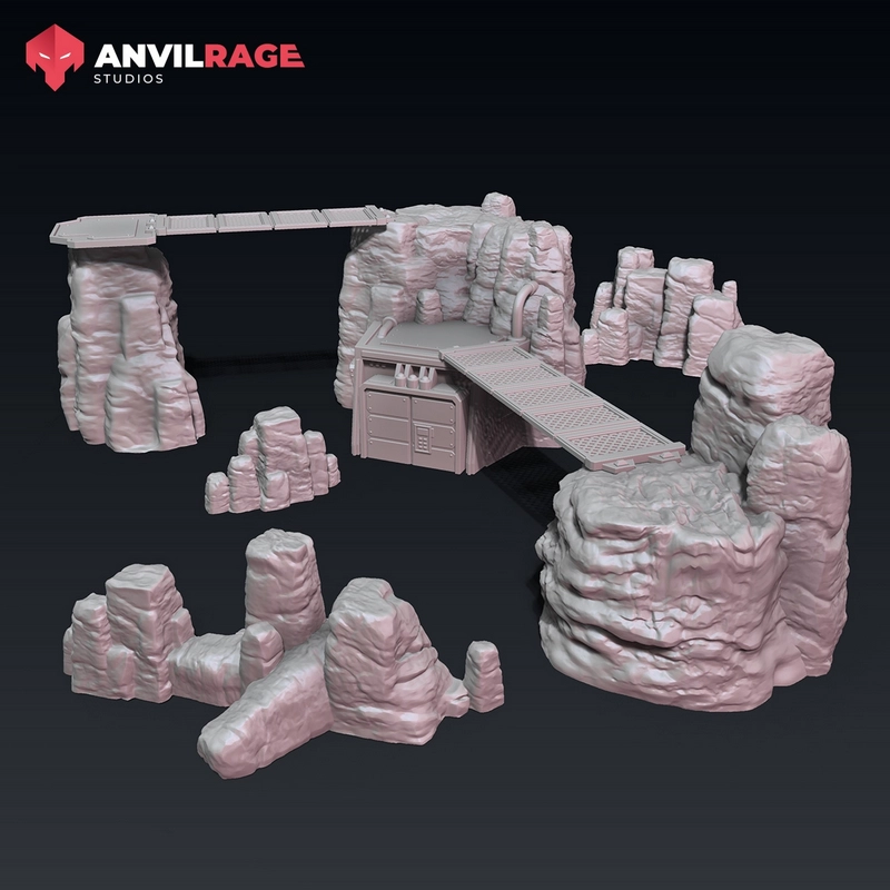 Star Wars rebel hideout terrain with rocky cliffs and elevated walkways