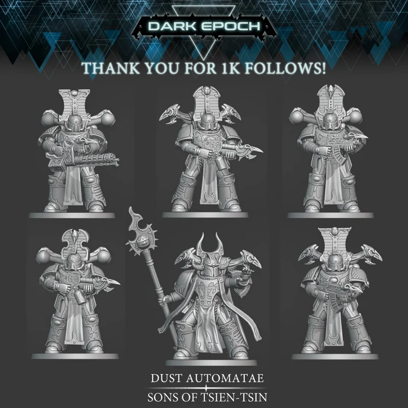 Six ornate armored Dust Automata miniatures with weapons and mechanical details