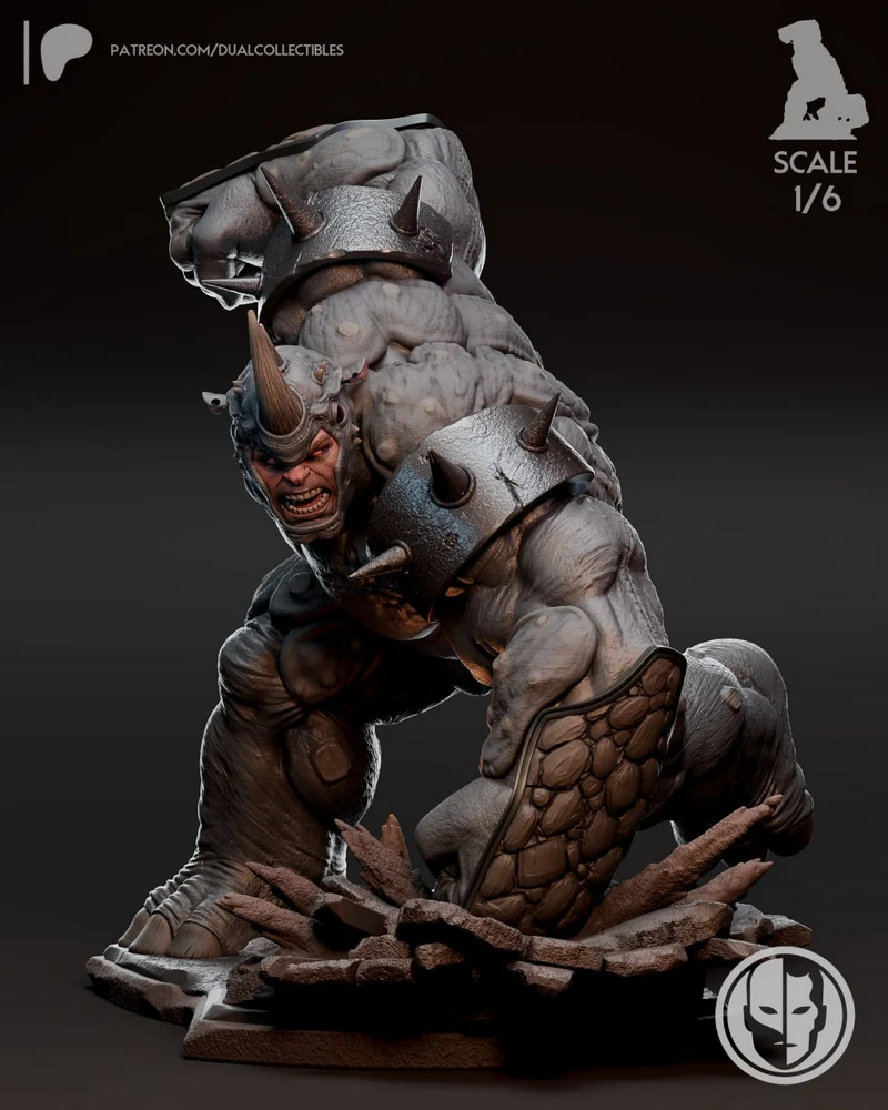 Marvel Rhino crouching statue with horns, spiked armor, and rubble base