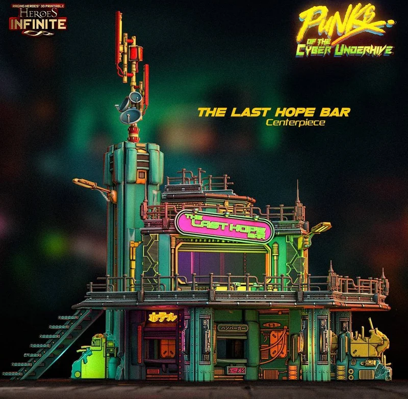 Cyberpunk multi-level bar centrepiece with neon signage, pipes, platforms, and rooftop tower
