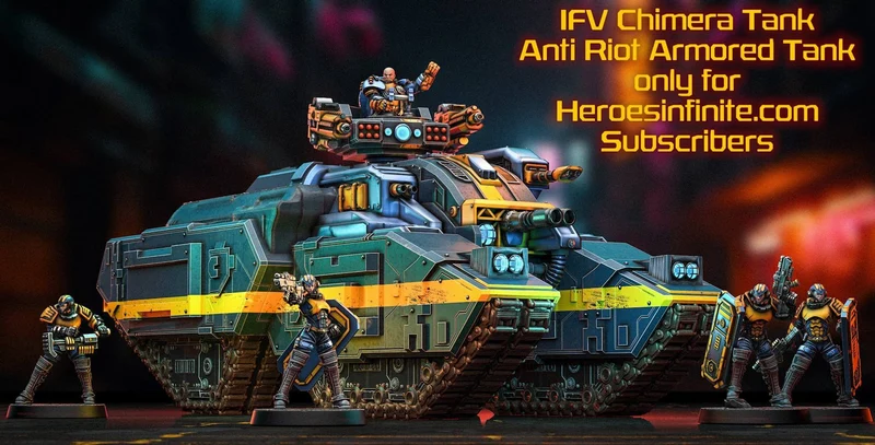 IFV Chimera futuristic tracked anti-riot tank with turret, yellow stripe, and armored crew figures