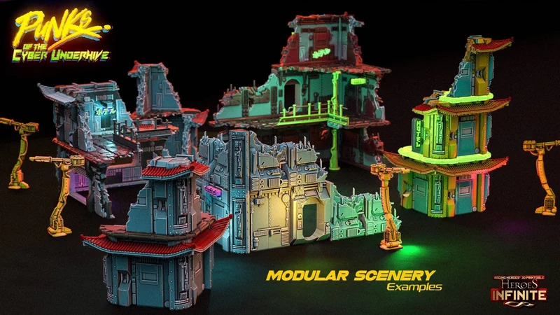 Modular cyberpunk underhive buildings with industrial details and pagoda-style roofs