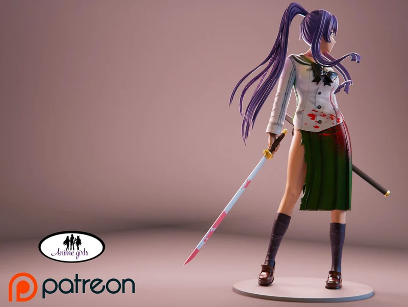 Saeko Busujima 3D model in a school uniform holding a katana