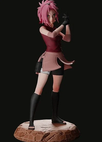 Sakura Haruno Naruto figurine with pink hair, gloves, boots, and a rocky base