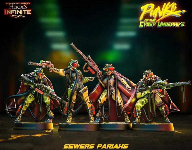 Four masked sci-fi pariah miniatures with weapons, cables, coats, and round bases