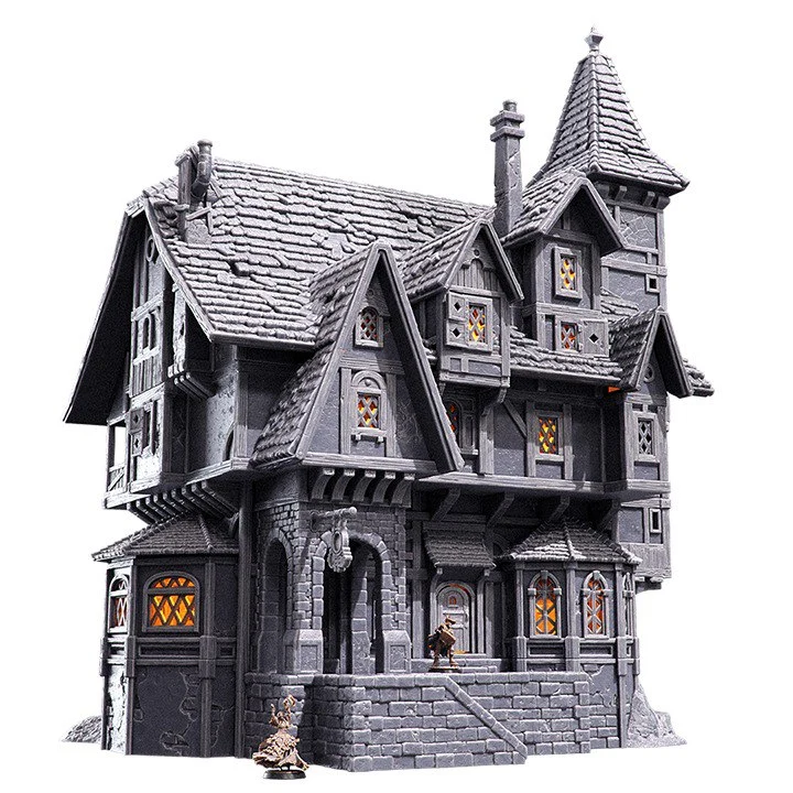 Silent Coin Tavern and Inn fantasy 3D model with stone walls, gables, tower, balconies, and colorful windows