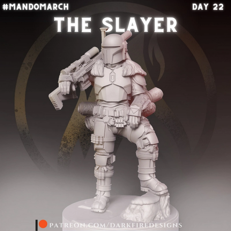 Star Wars armored warrior statue with rifle, gear, and rocky base