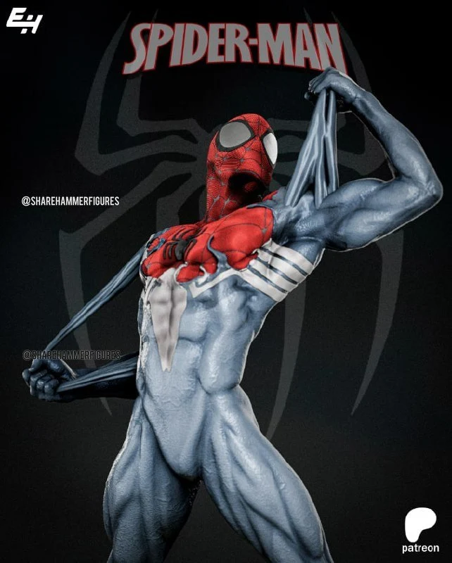 Spider-Man 3D model in a dynamic web-slinging pose with red and light-colored suit details