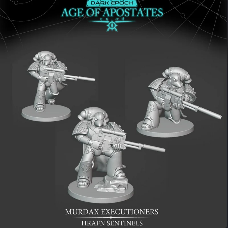 Murdax Executioners Hrafn Sentinel armored miniatures with rifles on round bases