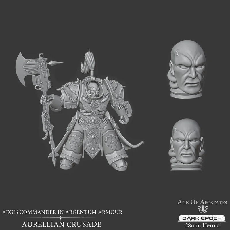 Aegis Commander armored 28mm miniature with ornate axe and alternate head sculpts