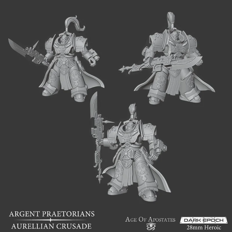Three ornate Argent Praetorians sci-fi warrior miniatures with weapons