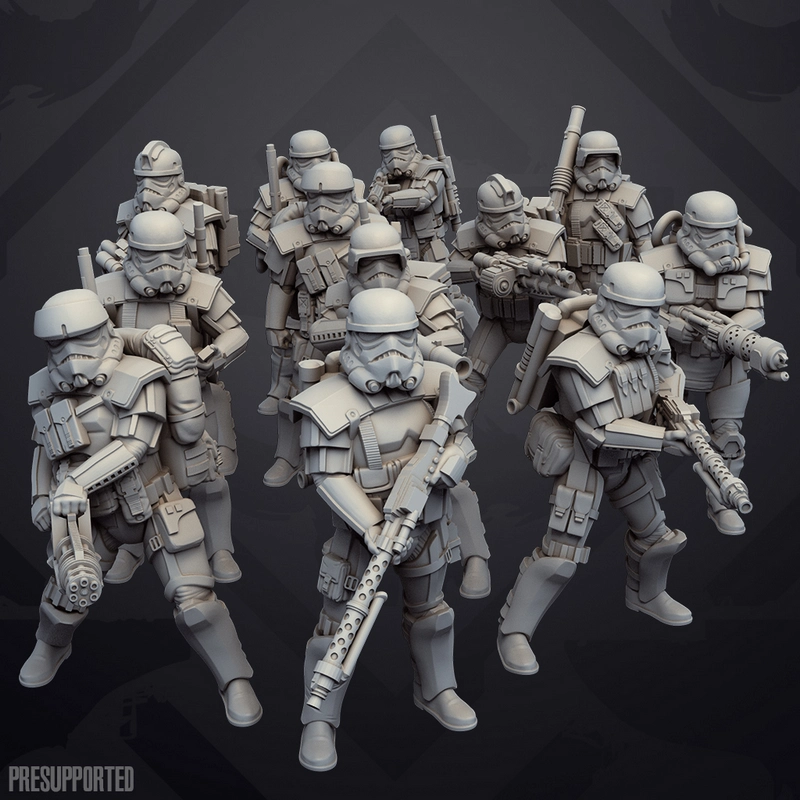 Star Wars stormtrooper specialists in white armor carrying blaster weapons