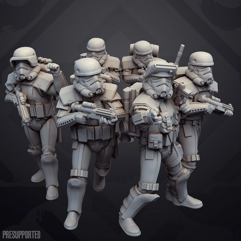 Star Wars stormtrooper squad in detailed armor holding blaster rifles