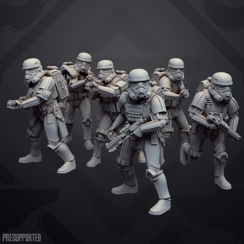 Six Star Wars stormtroopers in white armor holding blasters in varied action poses