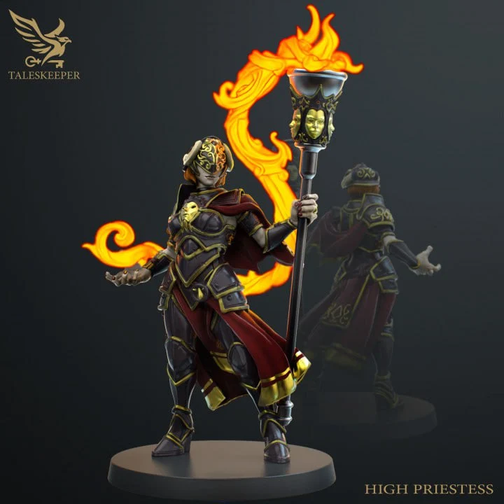 Armored fantasy High Priestess holding a flaming torch on a round base