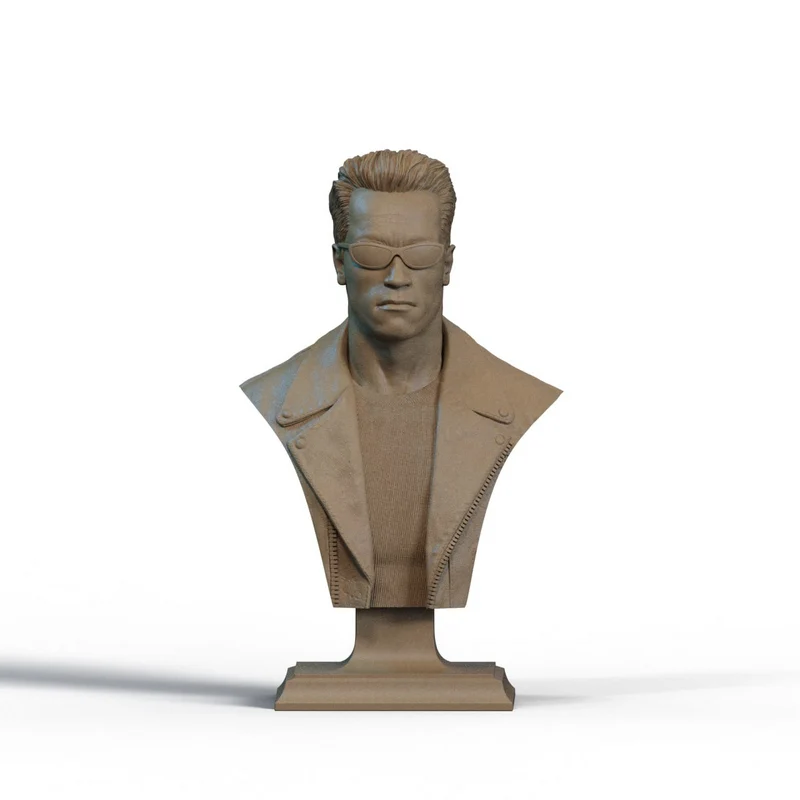 Terminator bust with sunglasses, leather-style jacket, and display plinth