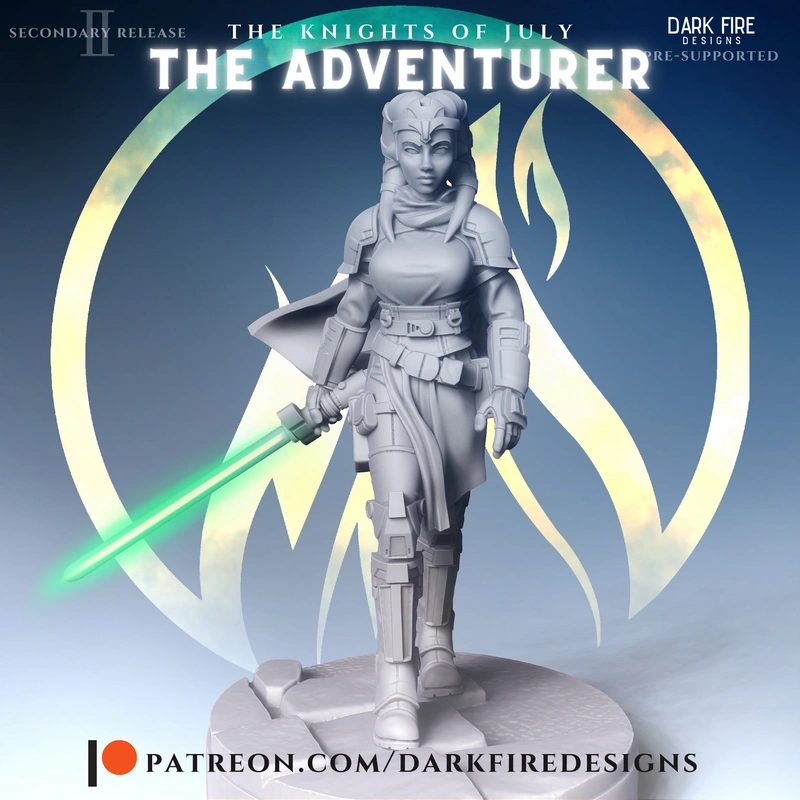 The Adventurer Star Wars female armored character model holding a long blade on a display base