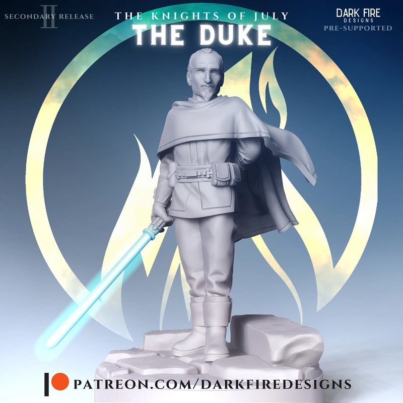 The Duke Star Wars statue with a cape, blue lightsaber, and display base