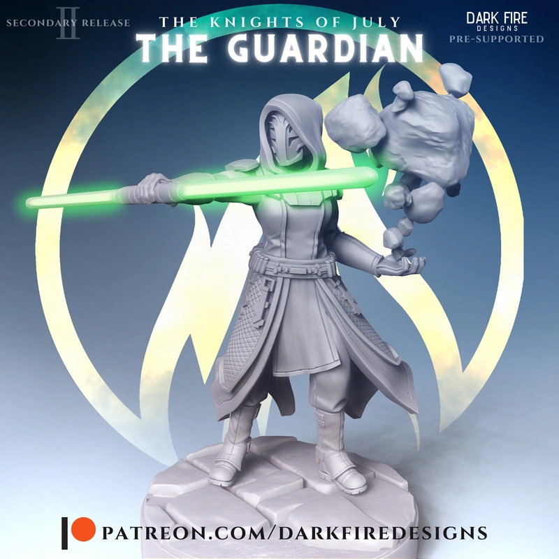 Hooded Star Wars Guardian figurine with glowing green staff and floating rocks