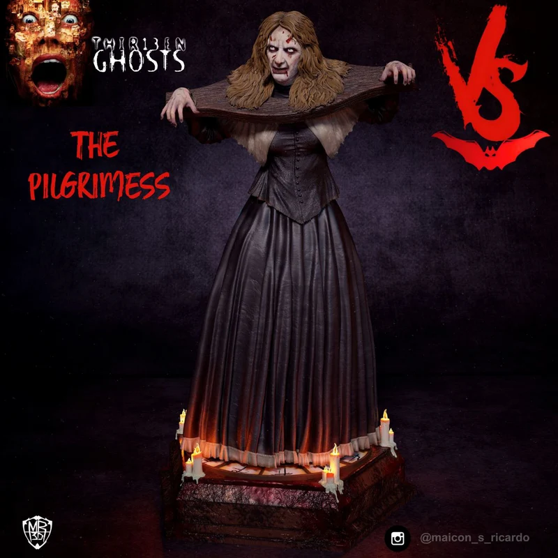 The Pilgrims fantasy horror figure with a pale face, dark dress, wooden beam and candlelit base